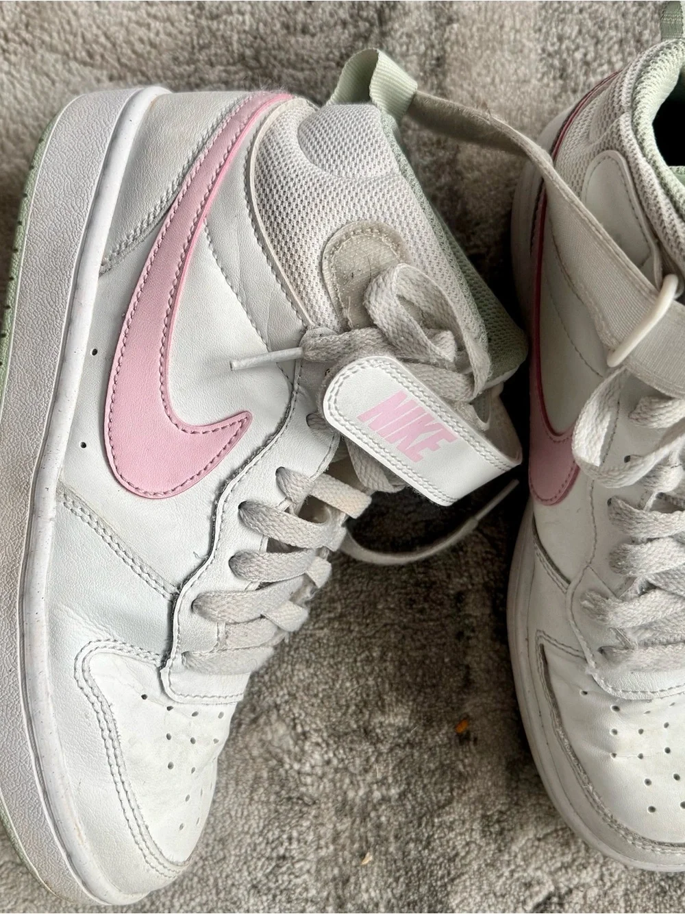 Nike White Sneakers with Pink Swoosh and Mint Lining